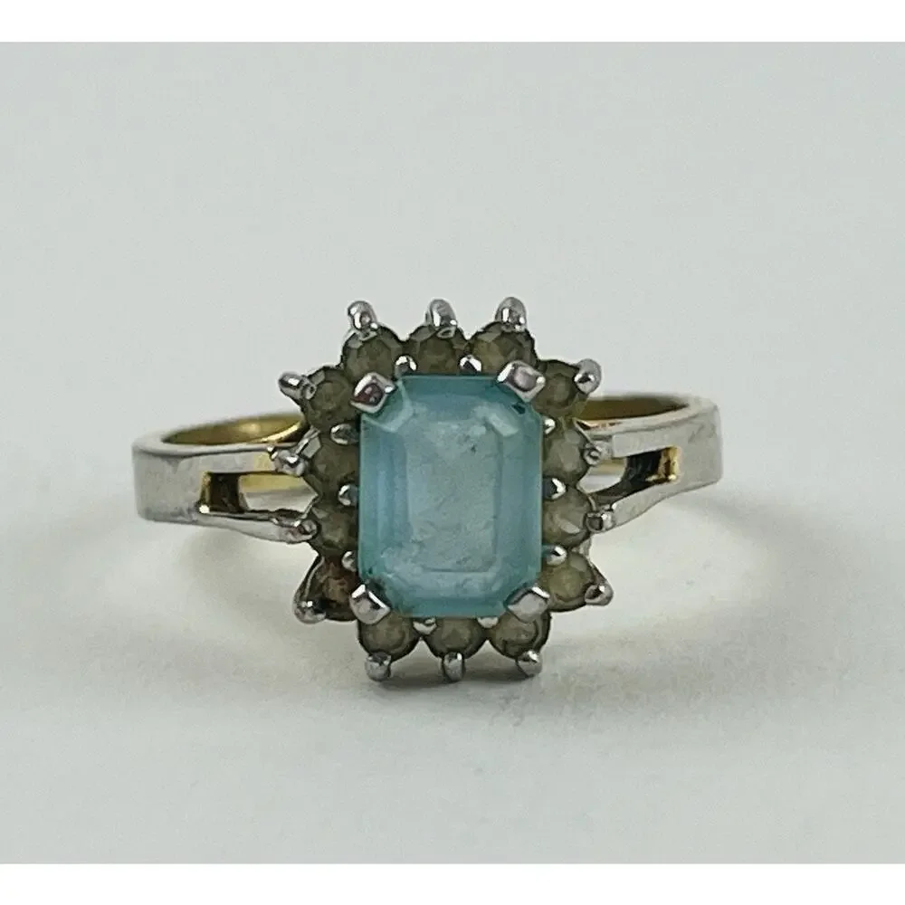 Vintage Ring 14K GE Gold Electroplate Taiwan Size 9 Aquamarine Blue Pale Rhinest - Picture 1 of 16